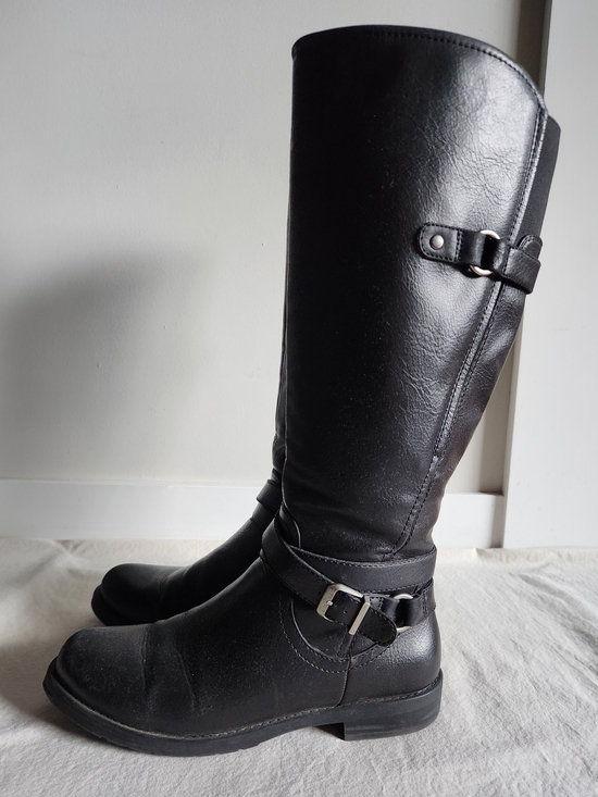Denver Hayes Shoes - Black Knee-High Buckle Riding Boots/Moto Boots